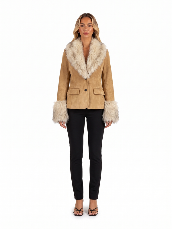 Fitted Faux Suede Blazer with Fur-Effect Trim