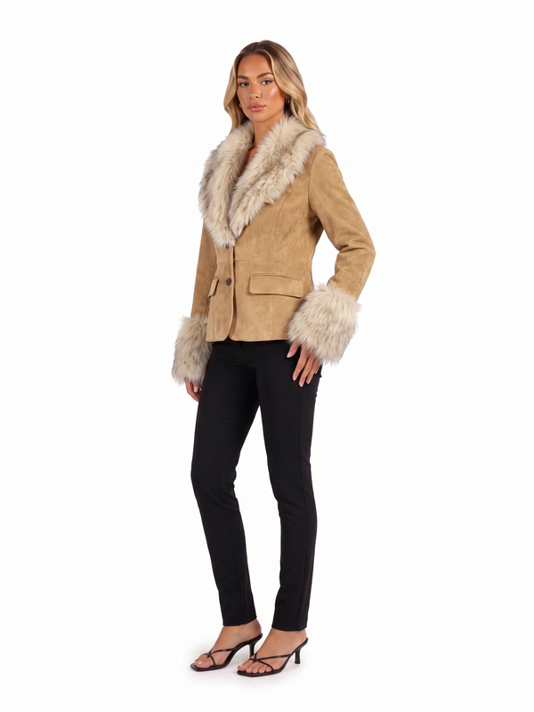 Fitted Faux Suede Blazer with Fur-Effect Trim