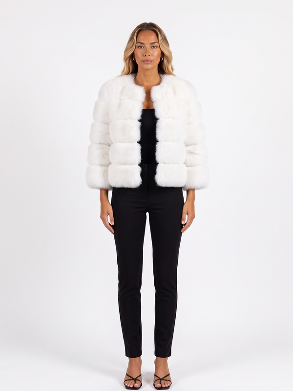 Cropped Faux Fur Jacket with Three-Quarter Sleeves