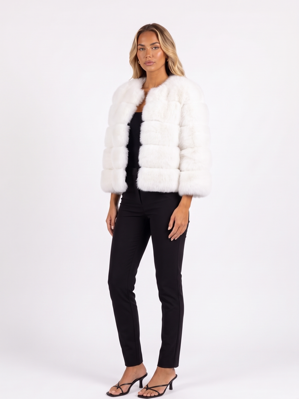 Cropped Faux Fur Jacket with Three-Quarter Sleeves